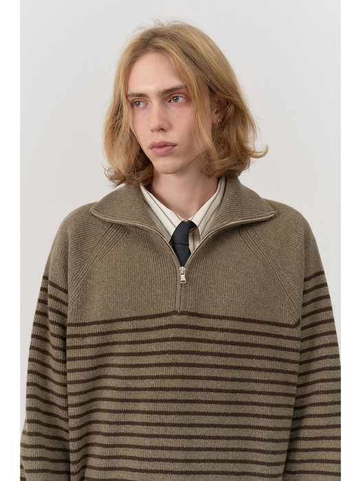 UNISEX STRIPED HALF ZIP-UP SWEATER KHAKI / KHAKI BROWN_M_UDSW4C103K2