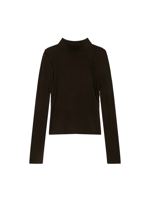 RIB LAYERED HALF NECK LONG SLEEVE TOP IN BROWN