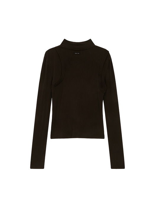 RIB LAYERED HALF NECK LONG SLEEVE TOP IN BROWN