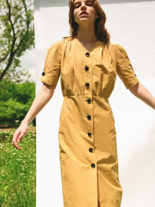 Multi tuck button front dress, Mustard