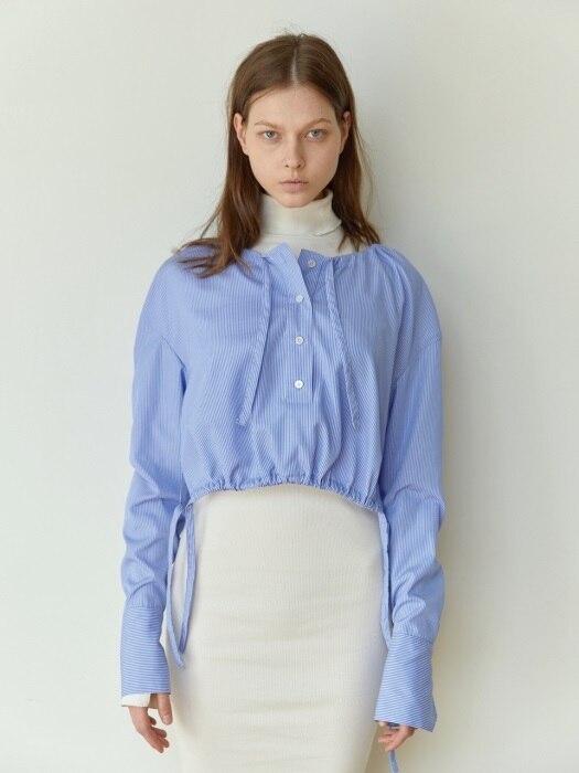 DRAWSTRING-HEM CROPPED SHIRT (SKYBLUE STRIPE)