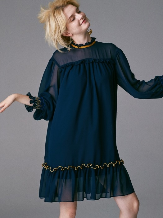 SMOKING SLEEVES COLOR POINT MINI DRESS_NAVY