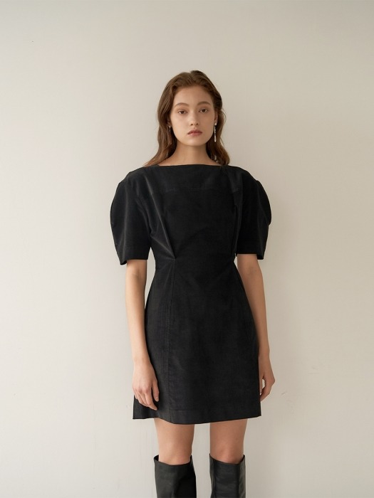 LENA Corduroy Volume Sleeved Dress_Black