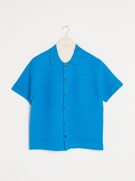 Pleats Half-sleeve Knit Shirts [Blue]