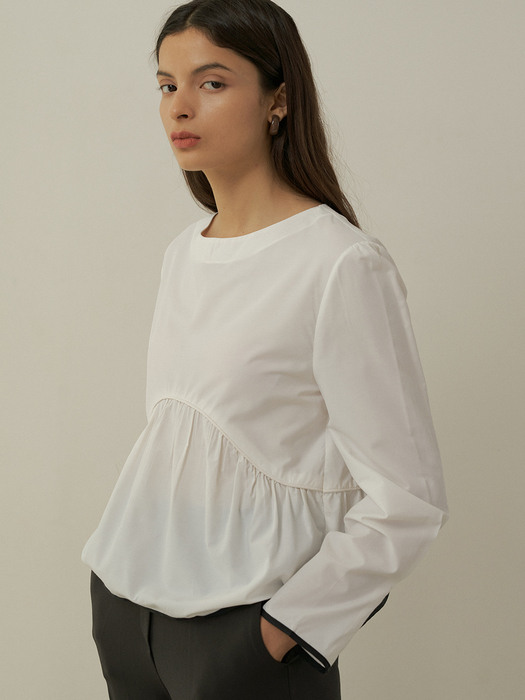 comos414 color scheme piping flared blouse (white)