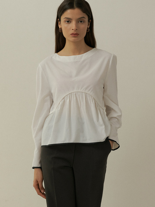 comos414 color scheme piping flared blouse (white)