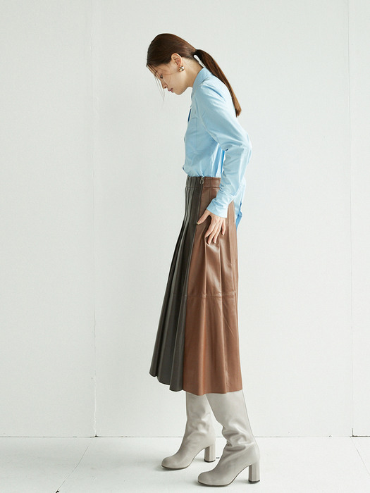 [N]HANNAM Pleated leather skirt (Dark brown/Saddle brown)