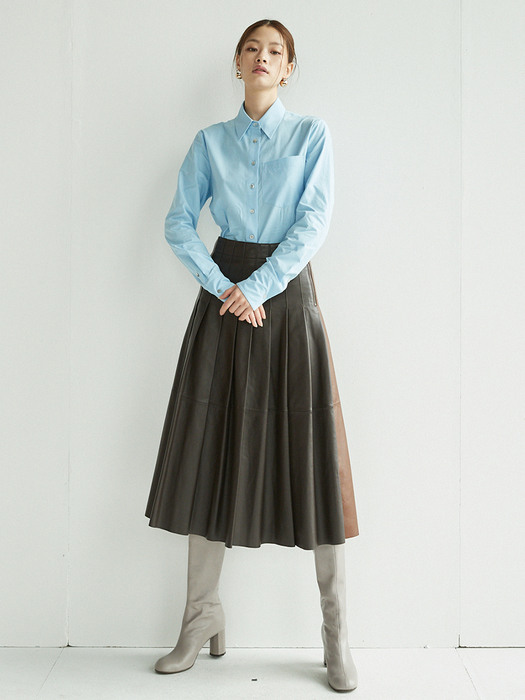 [N]HANNAM Pleated leather skirt (Dark brown/Saddle brown)