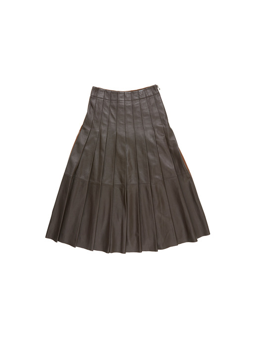 [N]HANNAM Pleated leather skirt (Dark brown/Saddle brown)