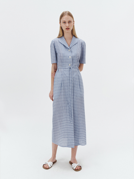 CHECKED BELTED JACKET DRESS SOFT BLUE_UDDR1E213B2