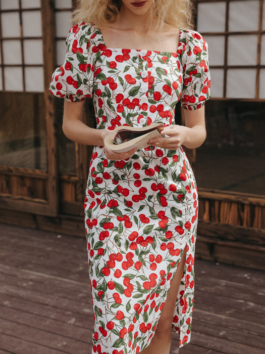 Cherry front button dress