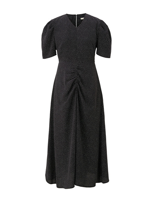 V-neck shirring dress - Black dot