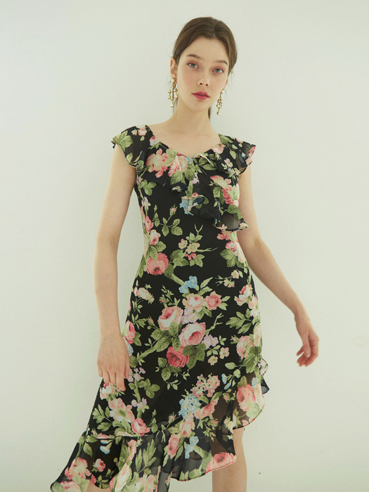 Rose garden summer ruffle dress (Black)