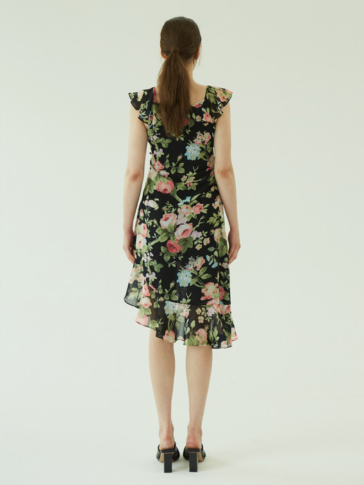 Rose garden summer ruffle dress (Black)