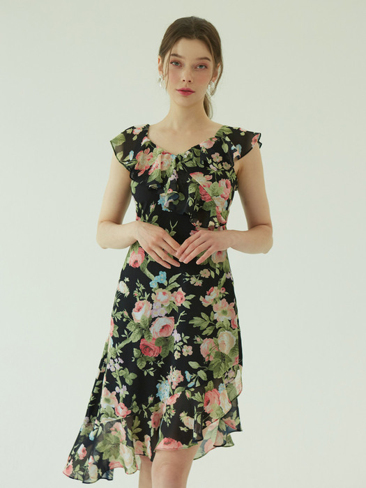 Rose garden summer ruffle dress (Black)