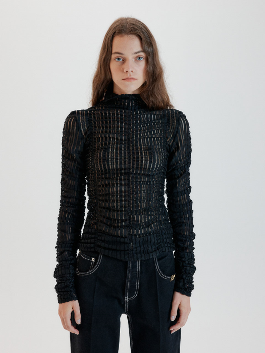 TOL Shirred Turtleneck Jersey Top - Black