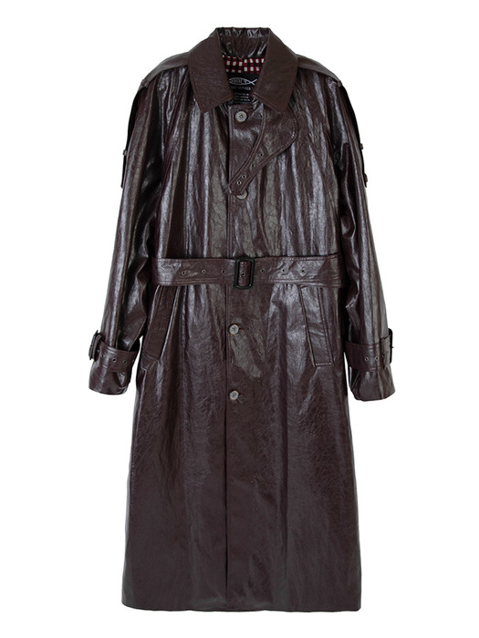 UP-CYCLING PROJECT] OVER FIT VEGAN LEATHER TRENCH COAT_BROWN