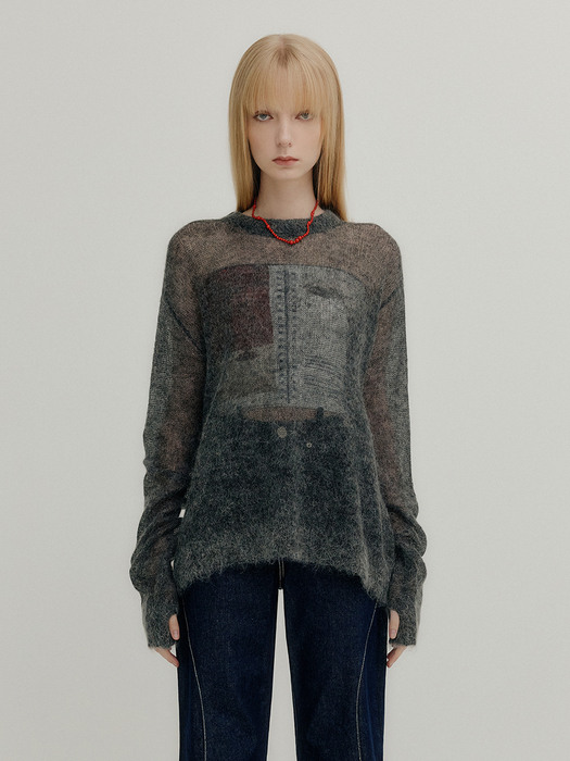 KID MOHAIR LOOSE ROUND KNIT TOP - GRAY