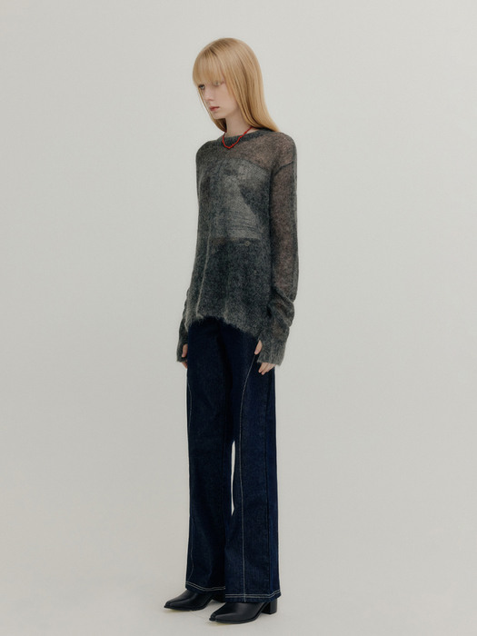 KID MOHAIR LOOSE ROUND KNIT TOP - GRAY