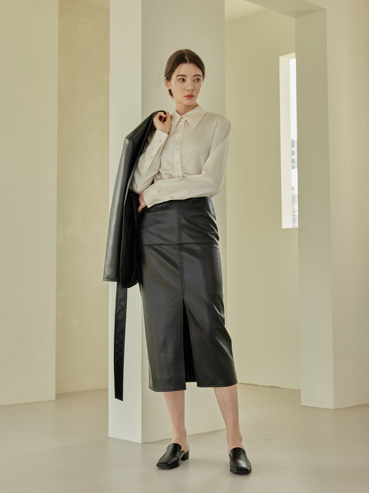 Kelly H-line slit leather skirts_BLACK