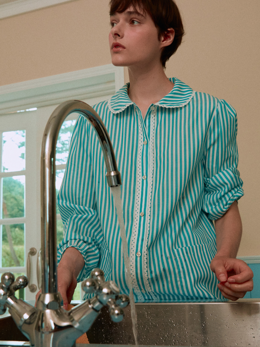 Lace Pajama Shirt_Teal-Stripe