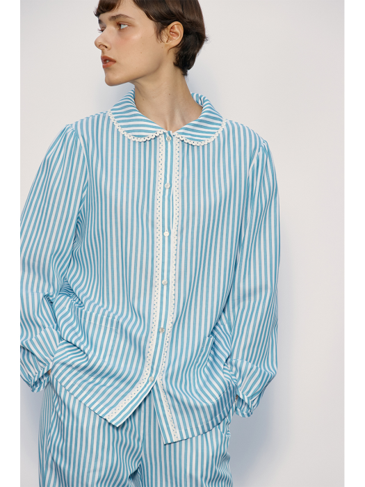 Lace Pajama Shirt_Teal-Stripe