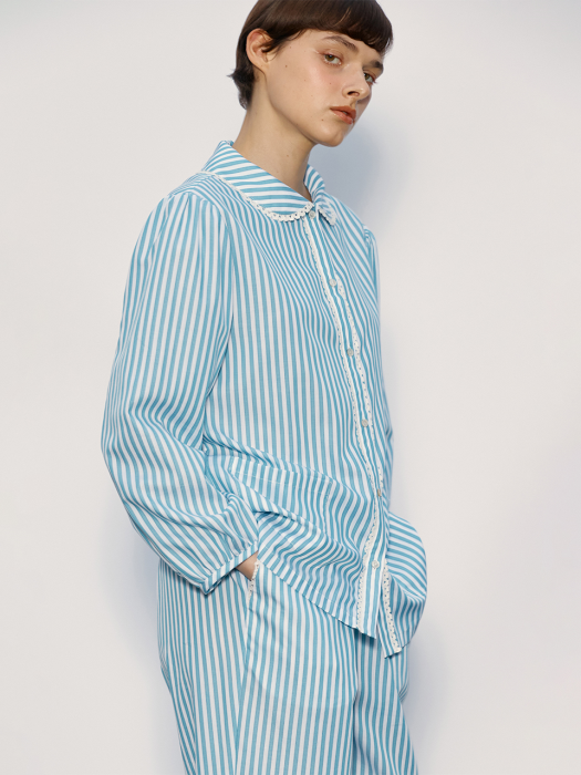 Lace Pajama Shirt_Teal-Stripe