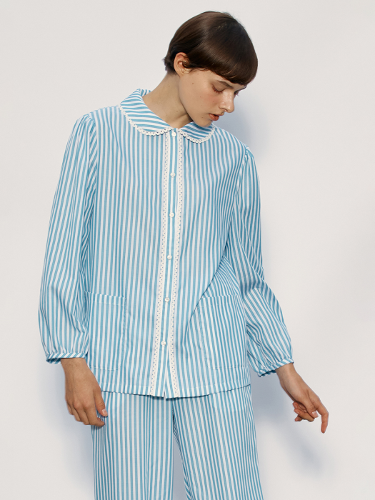 Lace Pajama Shirt_Teal-Stripe