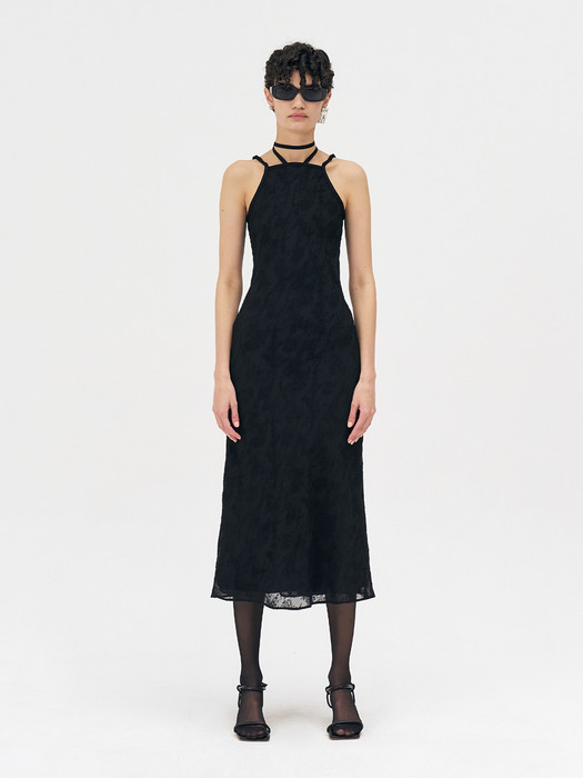 DOUBLE-LAYERED SHEER SLIP-ON MIDI DRESS - BLACK