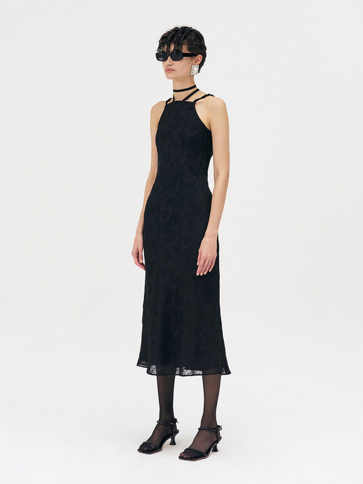 DOUBLE-LAYERED SHEER SLIP-ON MIDI DRESS - BLACK