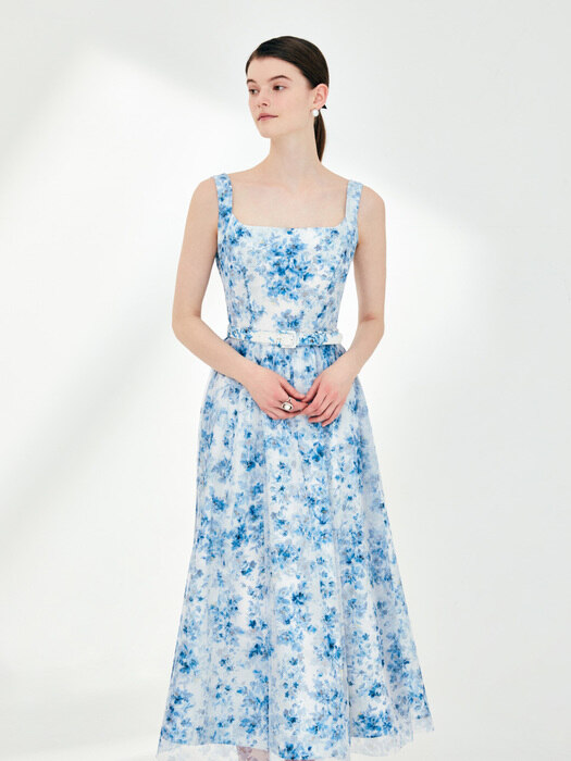 PRISCILLA Sleeveless floral flared tulle dress (Blue flower)