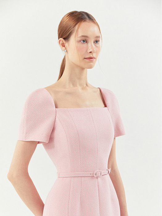 [미전시]ODETTE Square neck semi mermaid short sleeve tweed dress (Pink)