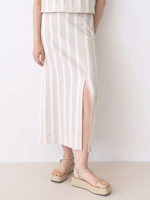 [리퍼브] slit banding linen skirt (stripe)