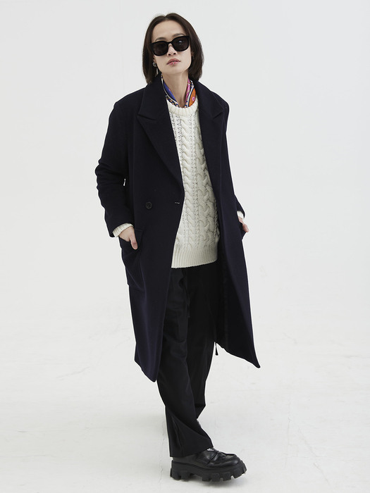[UNISEX] Hidden Button Double Breasted Wool Coat Navy