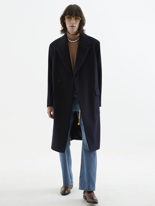 [UNISEX] Hidden Button Double Breasted Wool Coat Navy