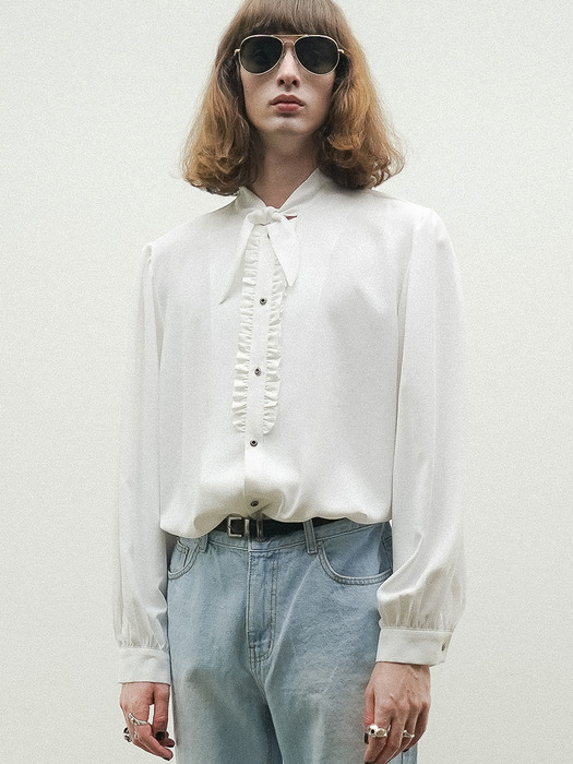 Bow-Tie Ruffled-Placket Blouse[White(MAN)]_UTS-FS81