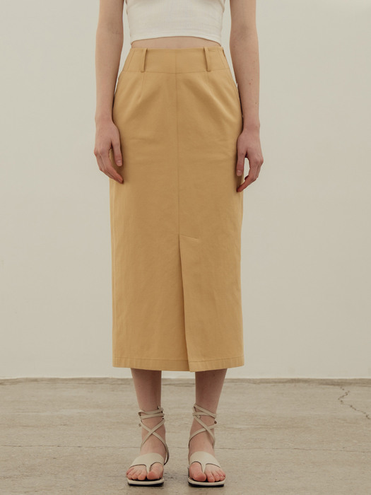 Cotton Linen Slit Skirt_Yellow Beige