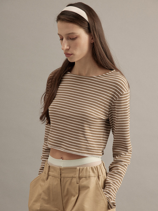 Stripe Crop T-shirt  Brown