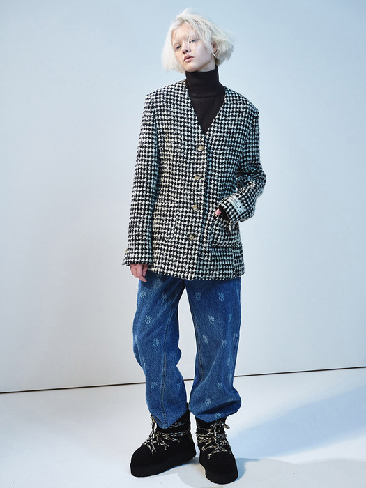 WOOL JACKET COLLARLESS CHECK_BLACK