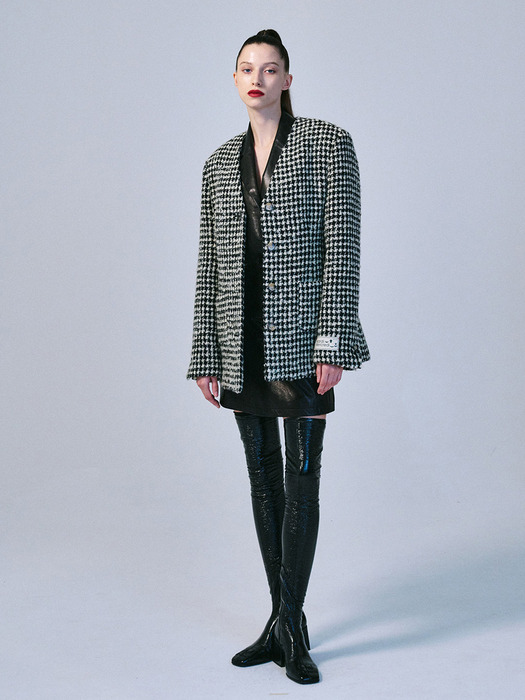 WOOL JACKET COLLARLESS CHECK_BLACK