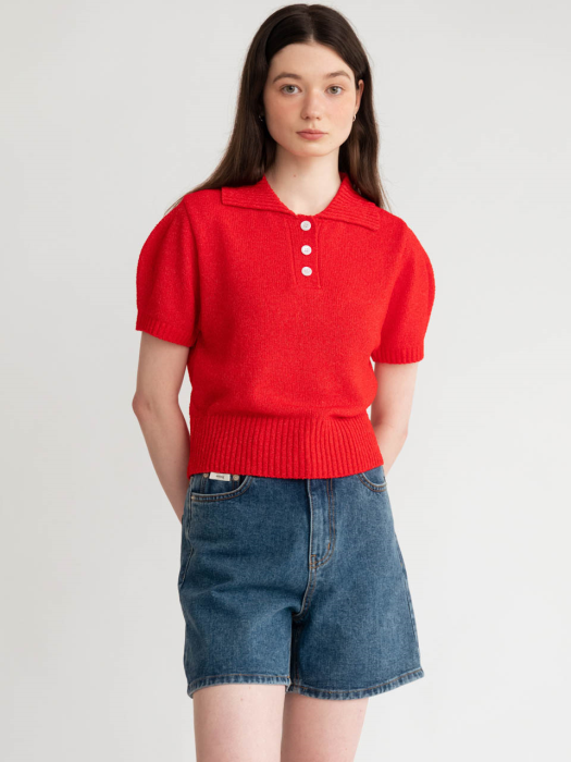 A ROUND SLEEVE COLLAR KNIT_LIGHT RED