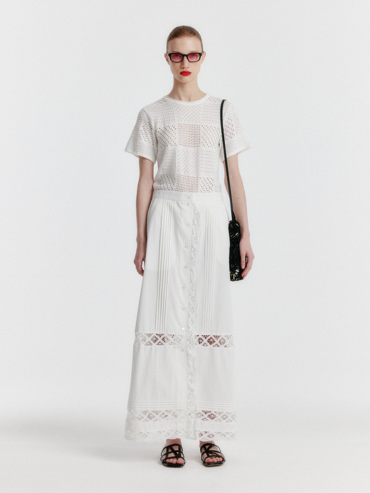 YIZU Panelled Lace Knit T-shirt - White