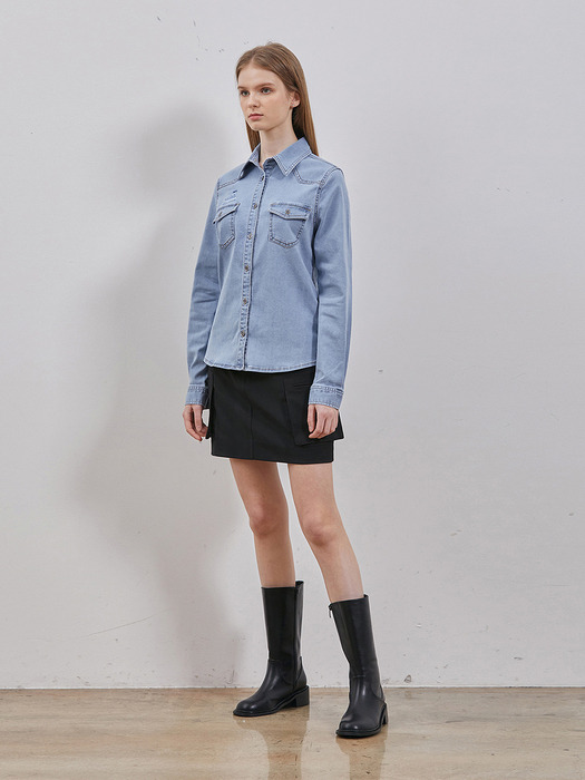 DENIM DESTROYED BASIC WESTERN SHIRT L BLUE