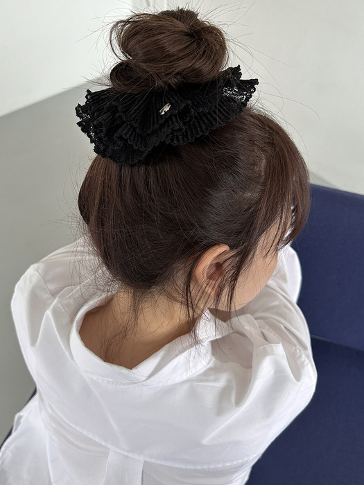 black lace pleats scrunchie - M size