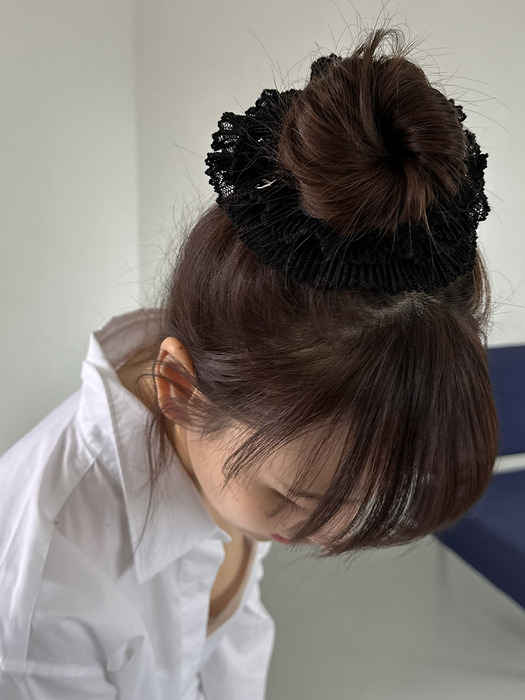 black lace pleats scrunchie - M size