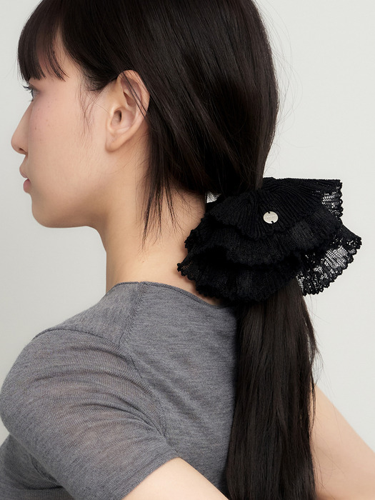 black lace pleats scrunchie - M size