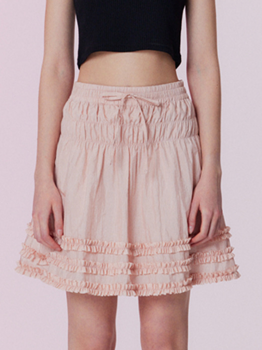 Shining shirring mini skirt_Peach pink