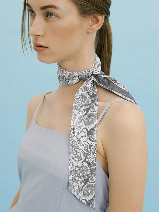 Paisley Garden-Slate Grey Long Twilly Silk Scarf