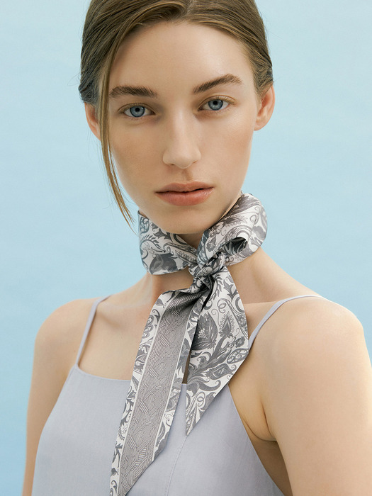 Paisley Garden-Slate Grey Long Twilly Silk Scarf