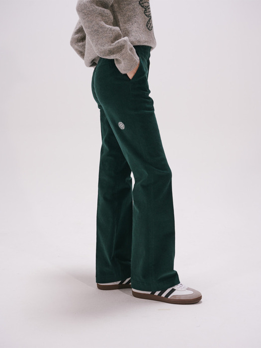 CORDUROY SLIM FIT BOOT CUT PANTS_DEEP GREEN IVORY